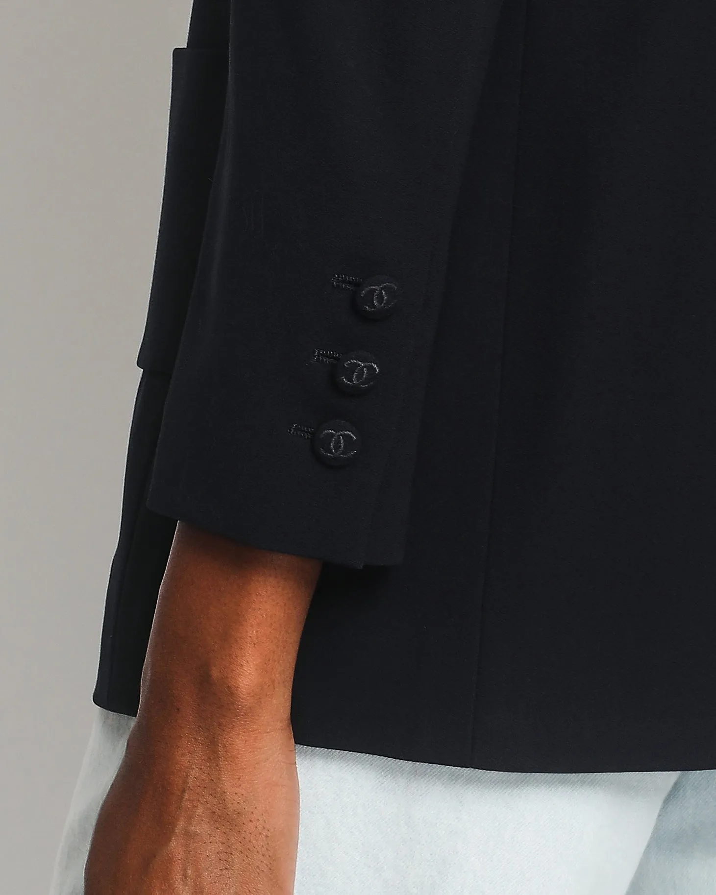 Chanel 98p Vintage Navy Jacket With Cc Logo Button Detail And Silk Bow Detail Size Fr 38 (uk 10)