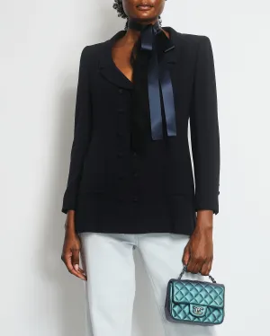 Chanel 98p Vintage Navy Jacket With Cc Logo Button Detail And Silk Bow Detail Size Fr 38 (uk 10)