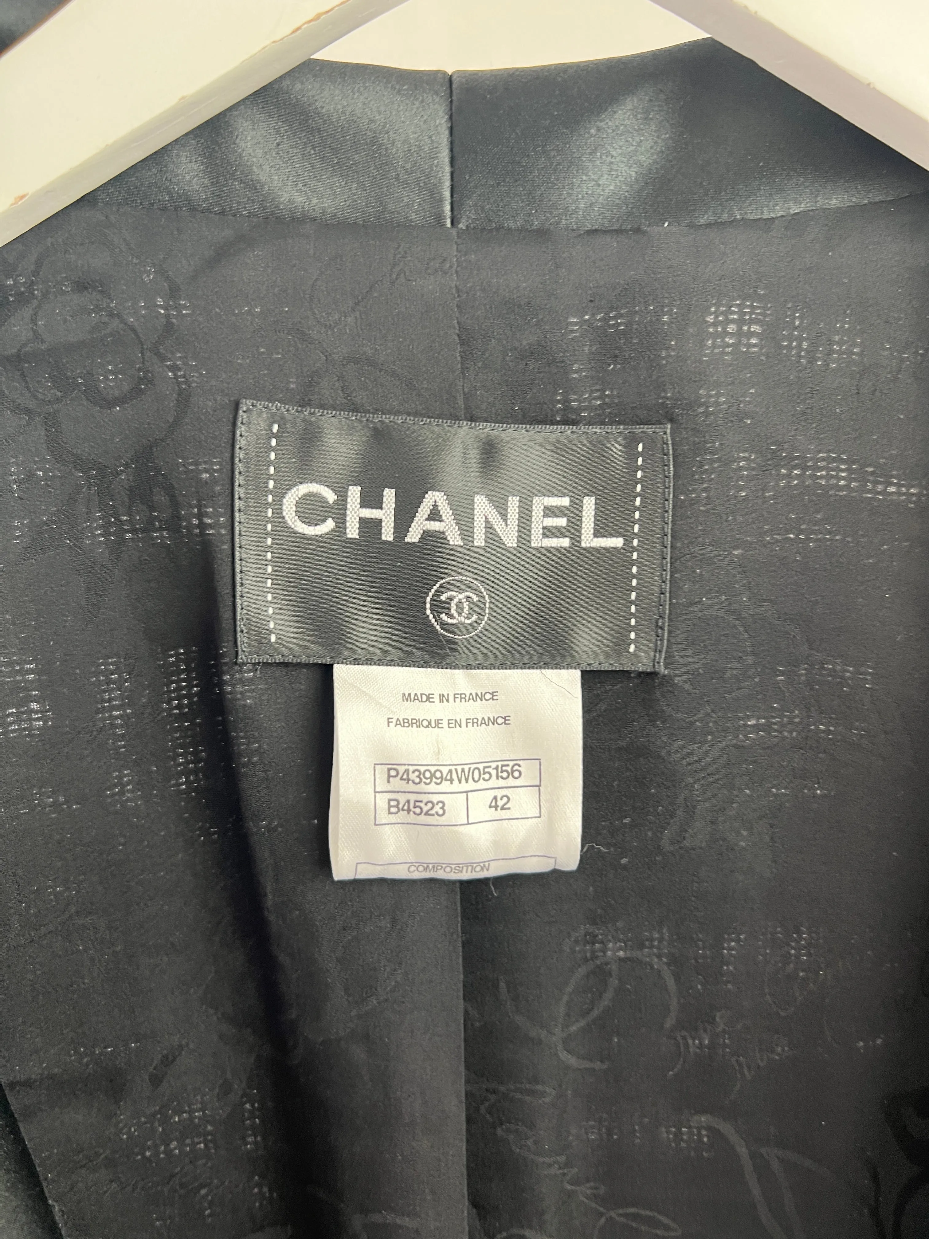 Chanel Black Tweed Jacket With Satin Collar And Crystal Button Detail Fr 42 (uk 14)