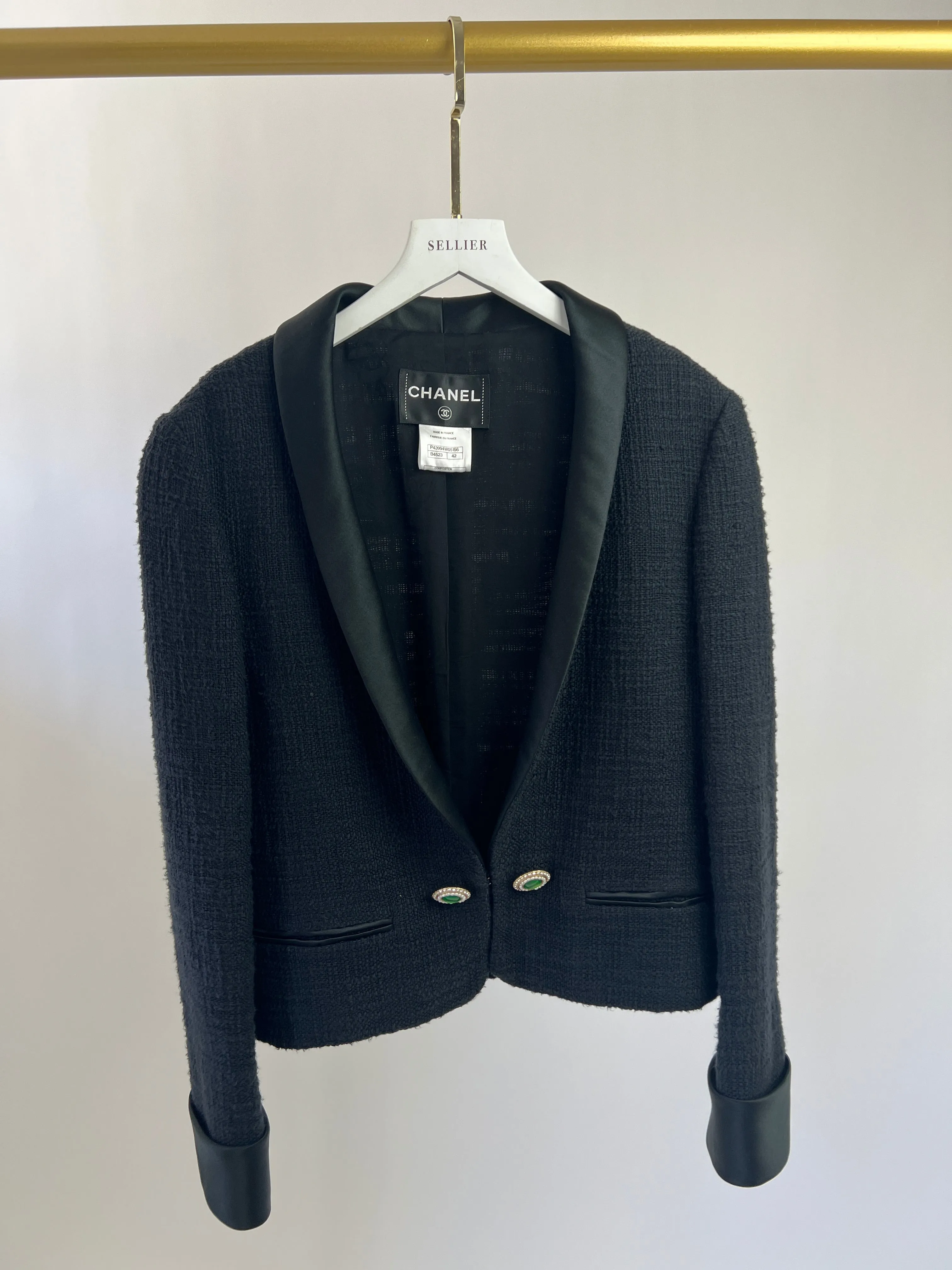 Chanel Black Tweed Jacket With Satin Collar And Crystal Button Detail Fr 42 (uk 14)