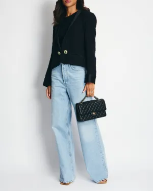 Chanel Black Tweed Jacket With Satin Collar And Crystal Button Detail Fr 42 (uk 14)