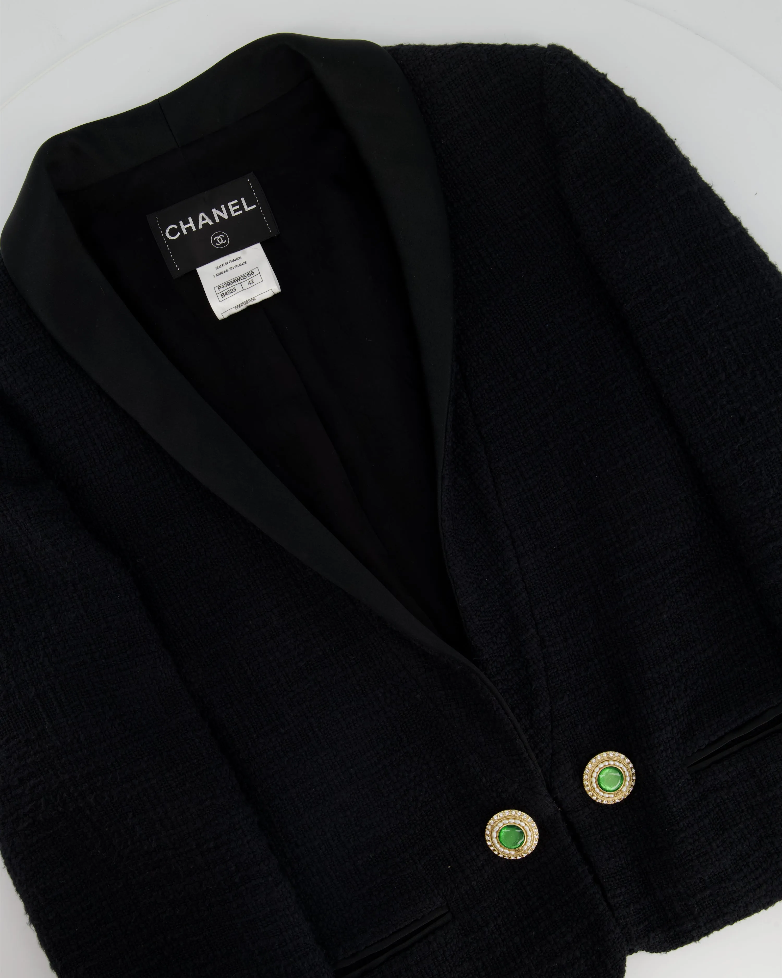 Chanel Black Tweed Jacket With Satin Collar And Crystal Button Detail Fr 42 (uk 14)