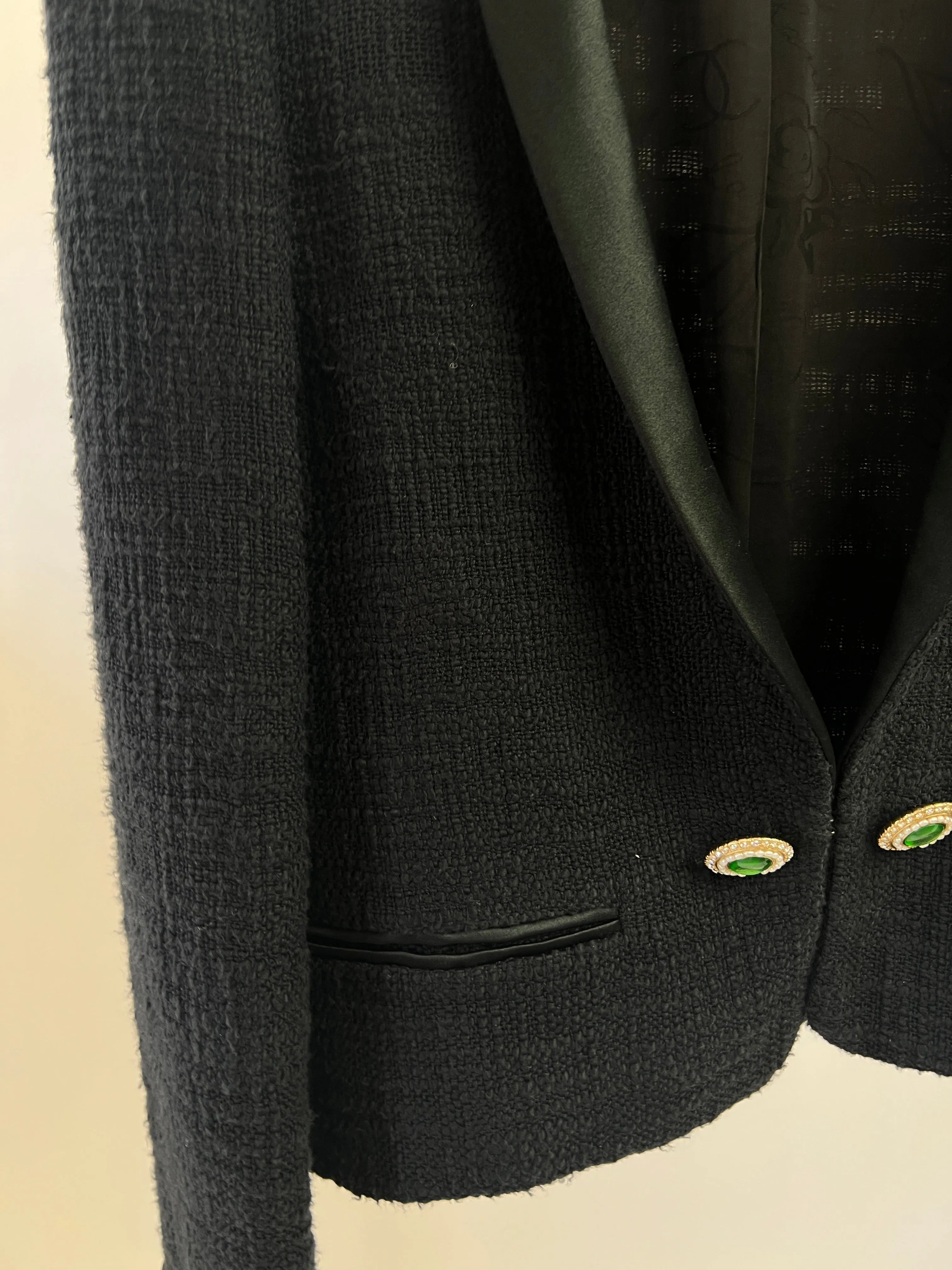 Chanel Black Tweed Jacket With Satin Collar And Crystal Button Detail Fr 42 (uk 14)