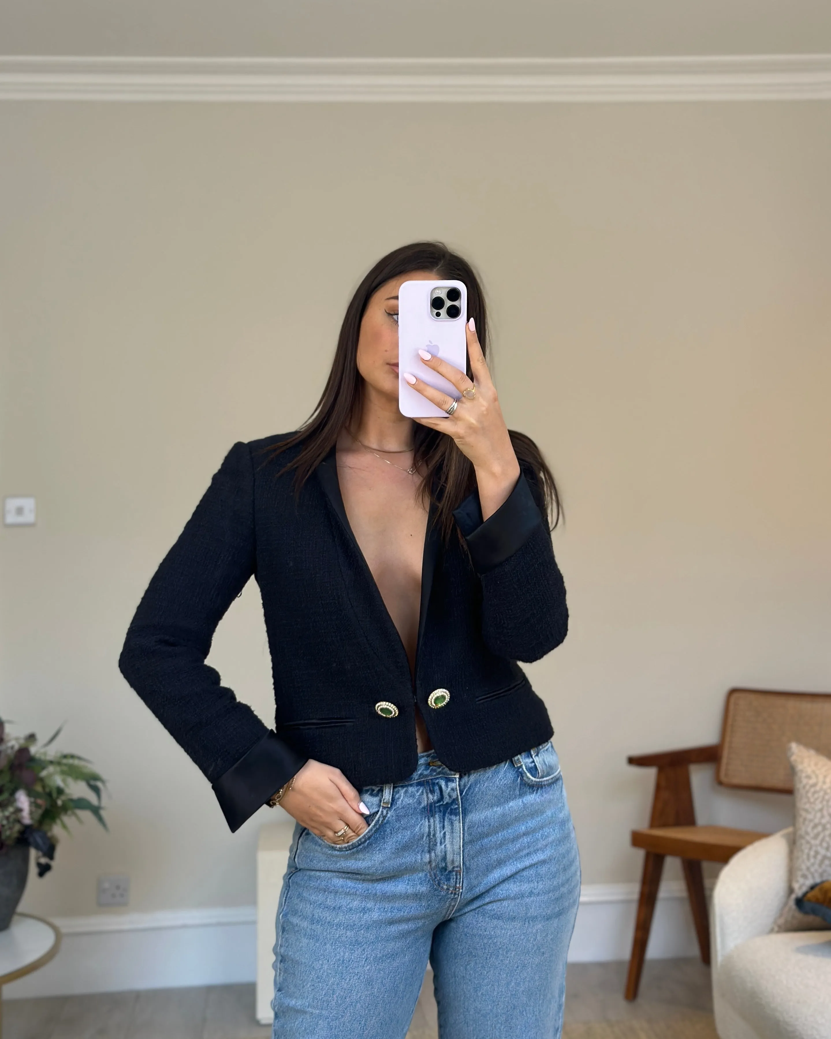 Chanel Black Tweed Jacket With Satin Collar And Crystal Button Detail Fr 42 (uk 14)