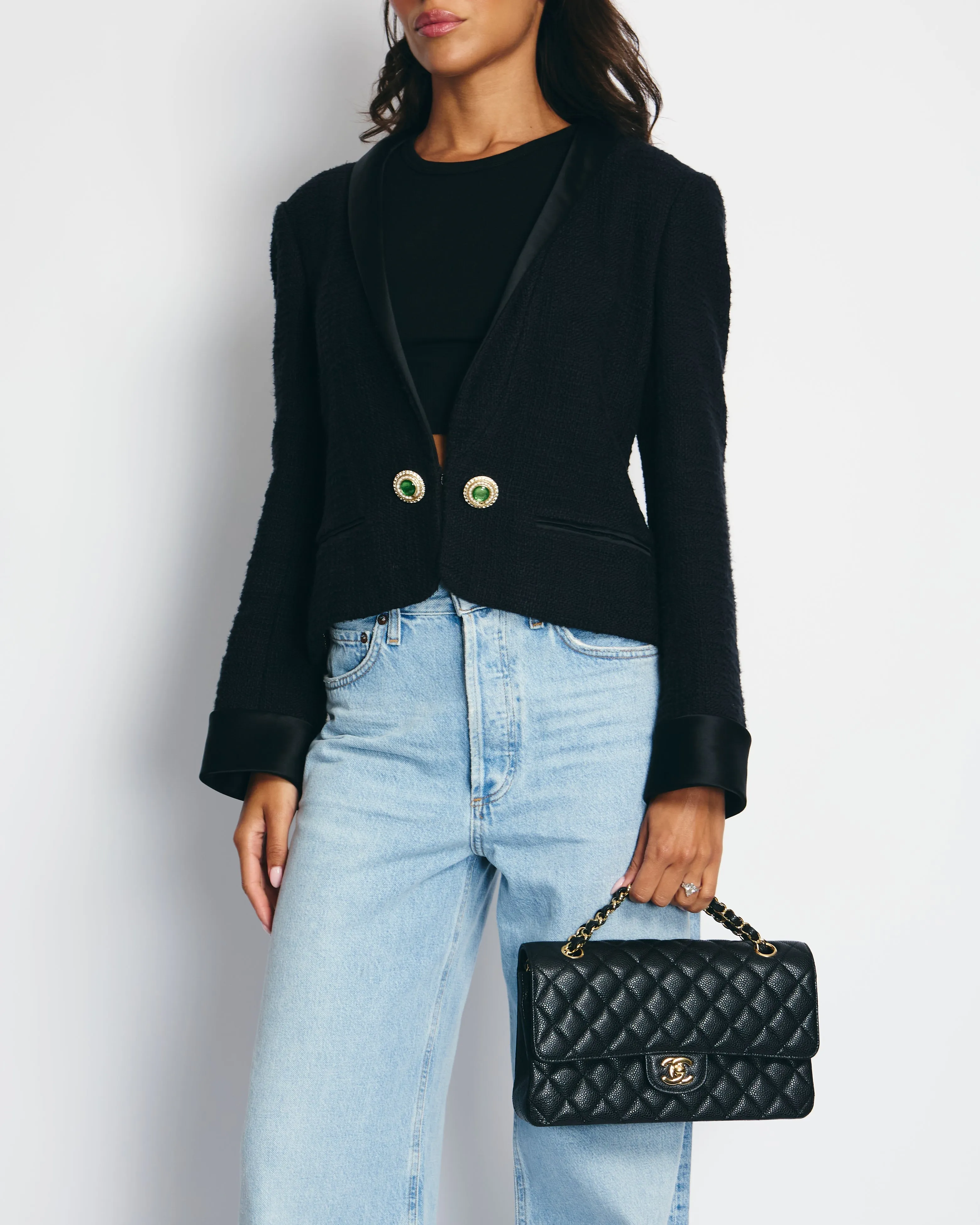 Chanel Black Tweed Jacket With Satin Collar And Crystal Button Detail Fr 42 (uk 14)