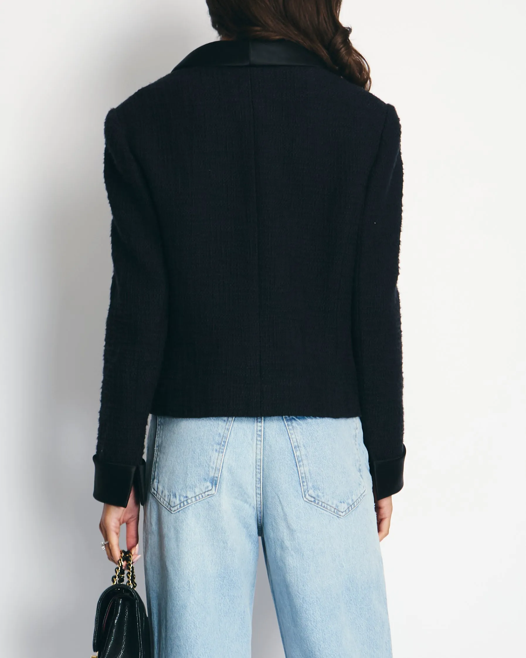 Chanel Black Tweed Jacket With Satin Collar And Crystal Button Detail Fr 42 (uk 14)