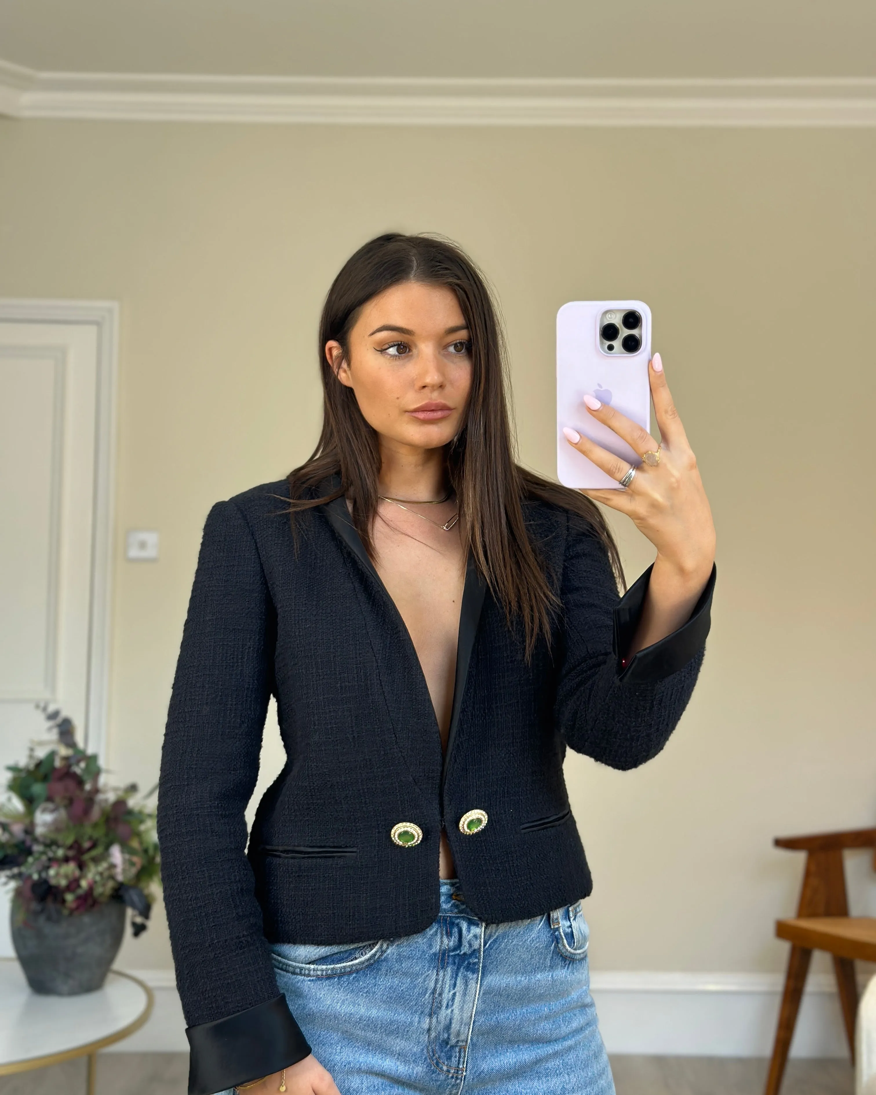 Chanel Black Tweed Jacket With Satin Collar And Crystal Button Detail Fr 42 (uk 14)