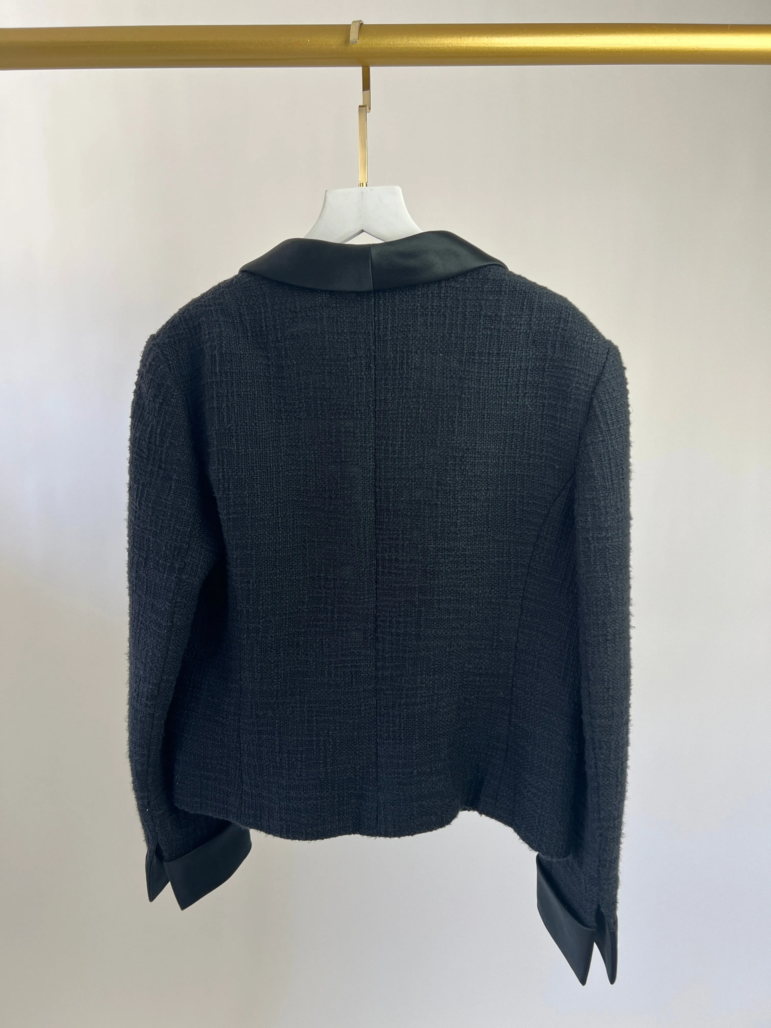 Chanel Black Tweed Jacket With Satin Collar And Crystal Button Detail Fr 42 (uk 14)