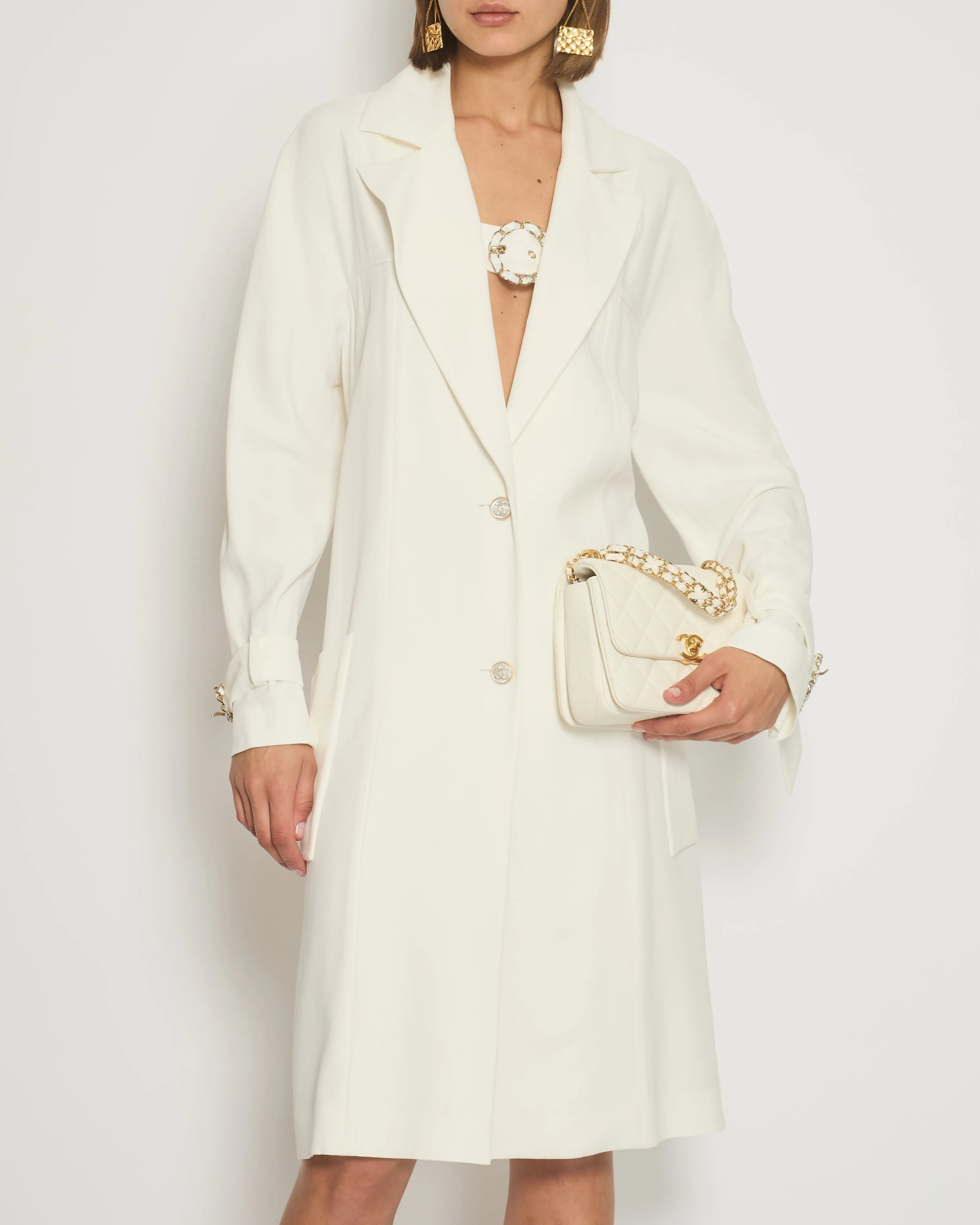 Chanel Cream Long Sleeve Coat With Chain Buckle Fastening Detail Fr 38 (uk 10)