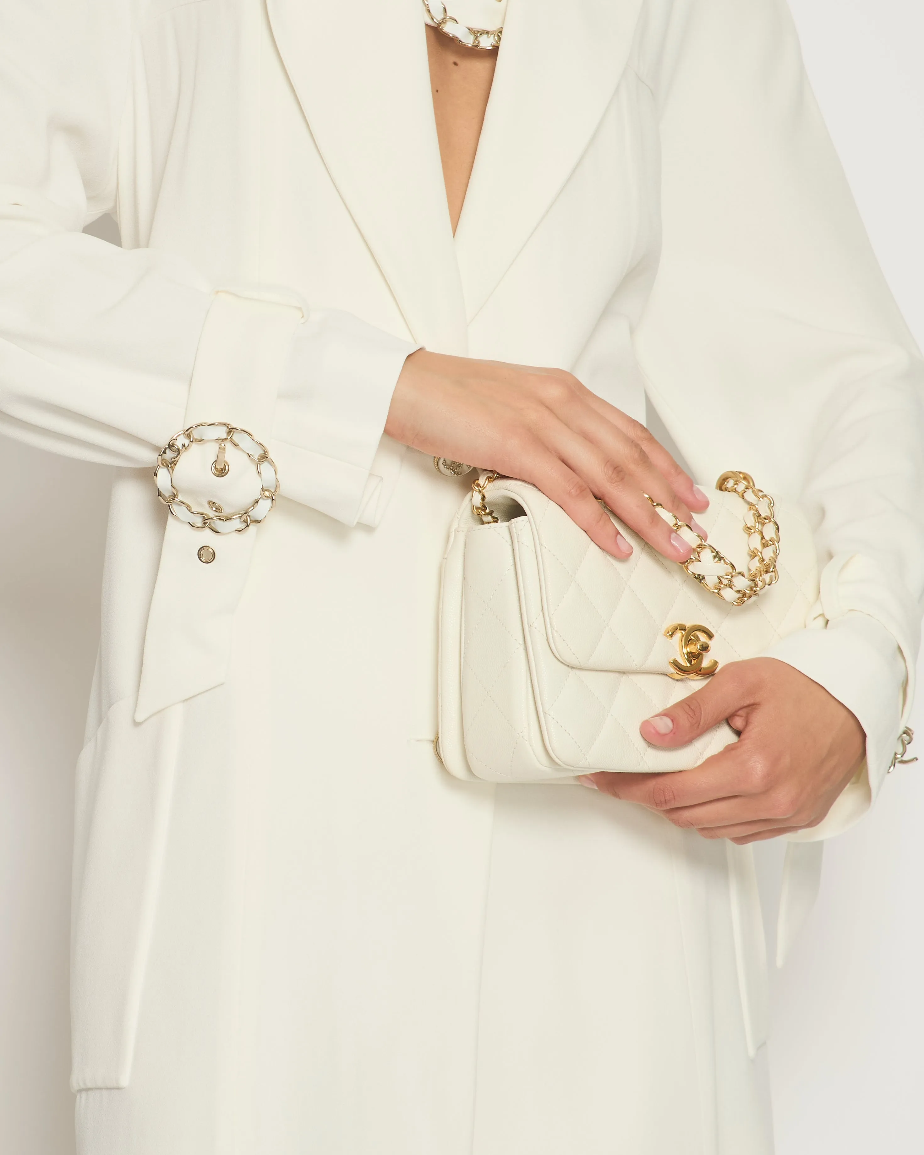 Chanel Cream Long Sleeve Coat With Chain Buckle Fastening Detail Fr 38 (uk 10)