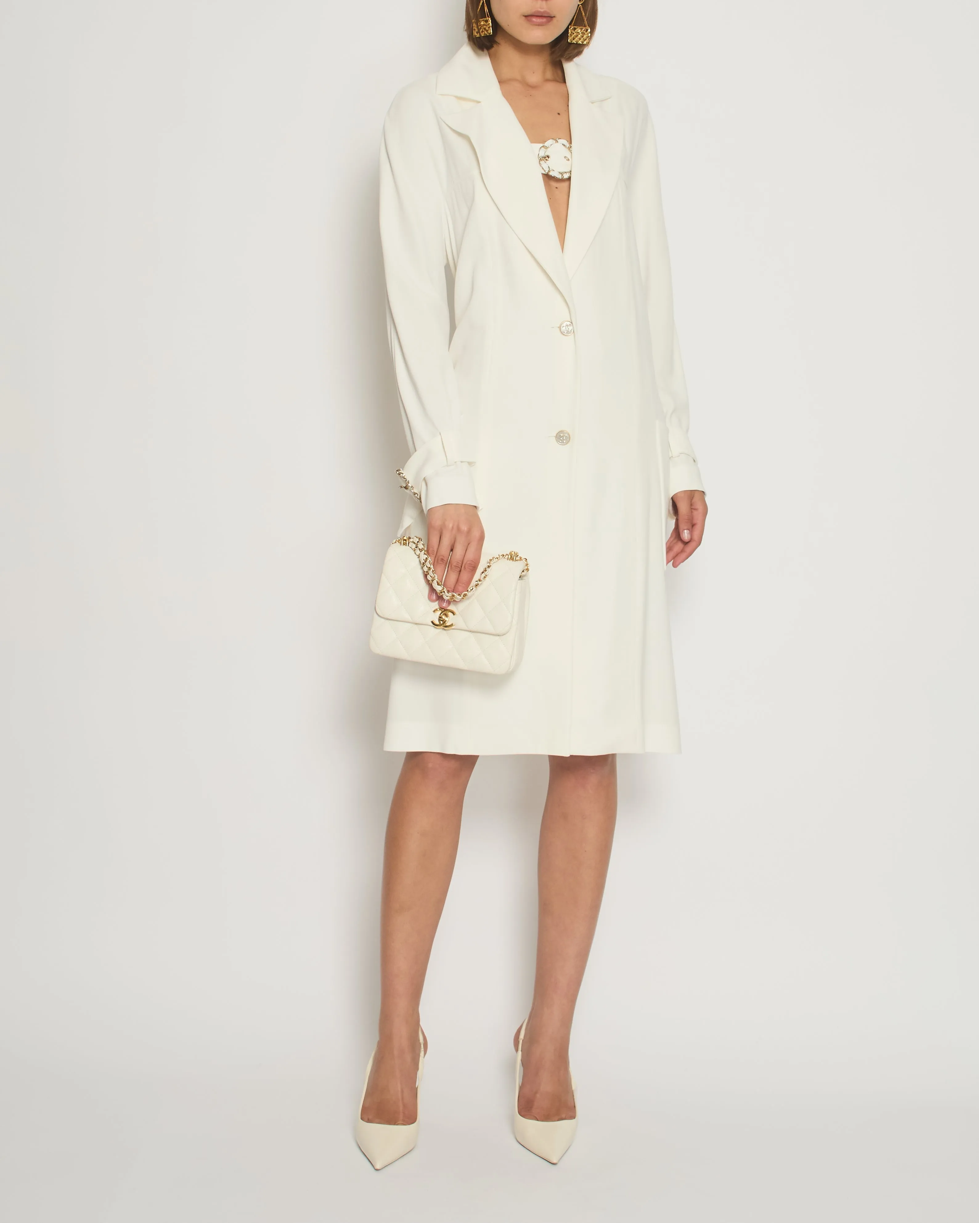 Chanel Cream Long Sleeve Coat With Chain Buckle Fastening Detail Fr 38 (uk 10)