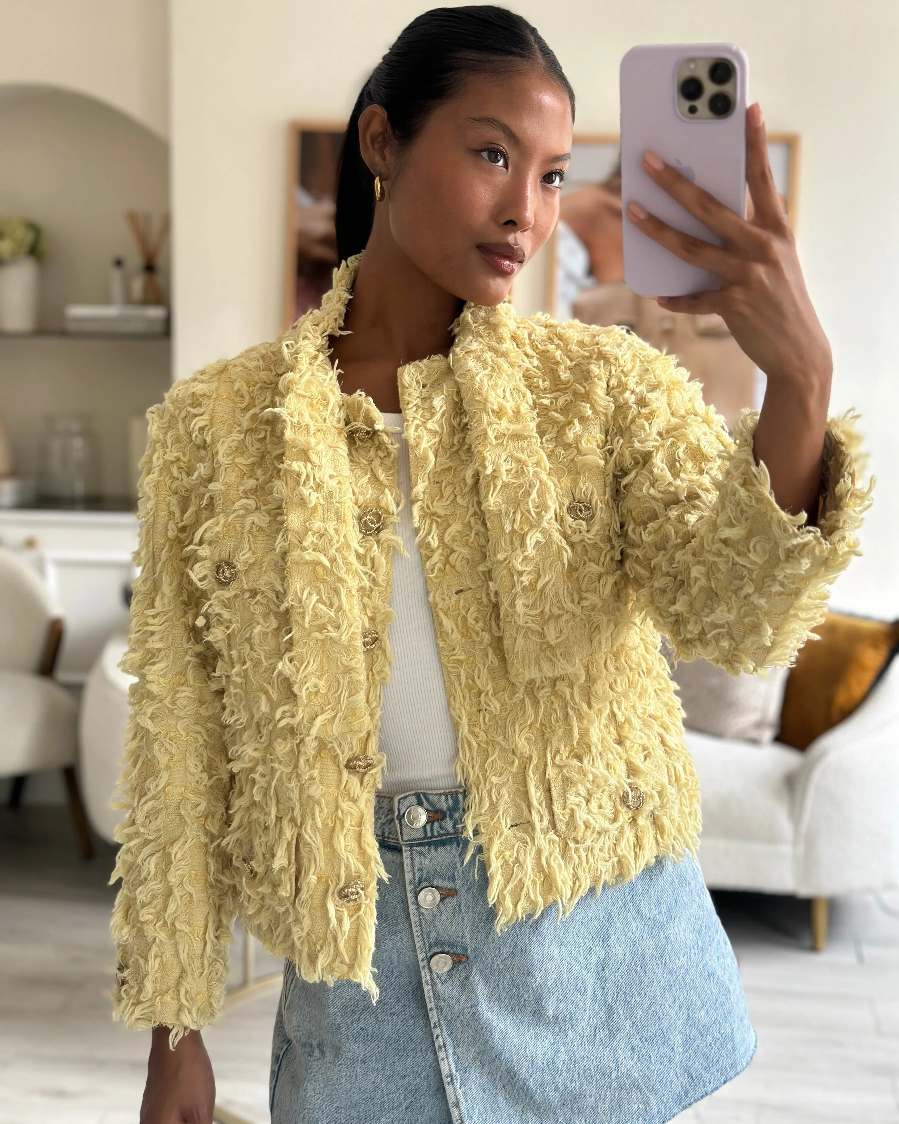 Chanel Cruise 2021 Yellow Textured Jacket With Neck Tie Detail Fr 34 (uk 6)