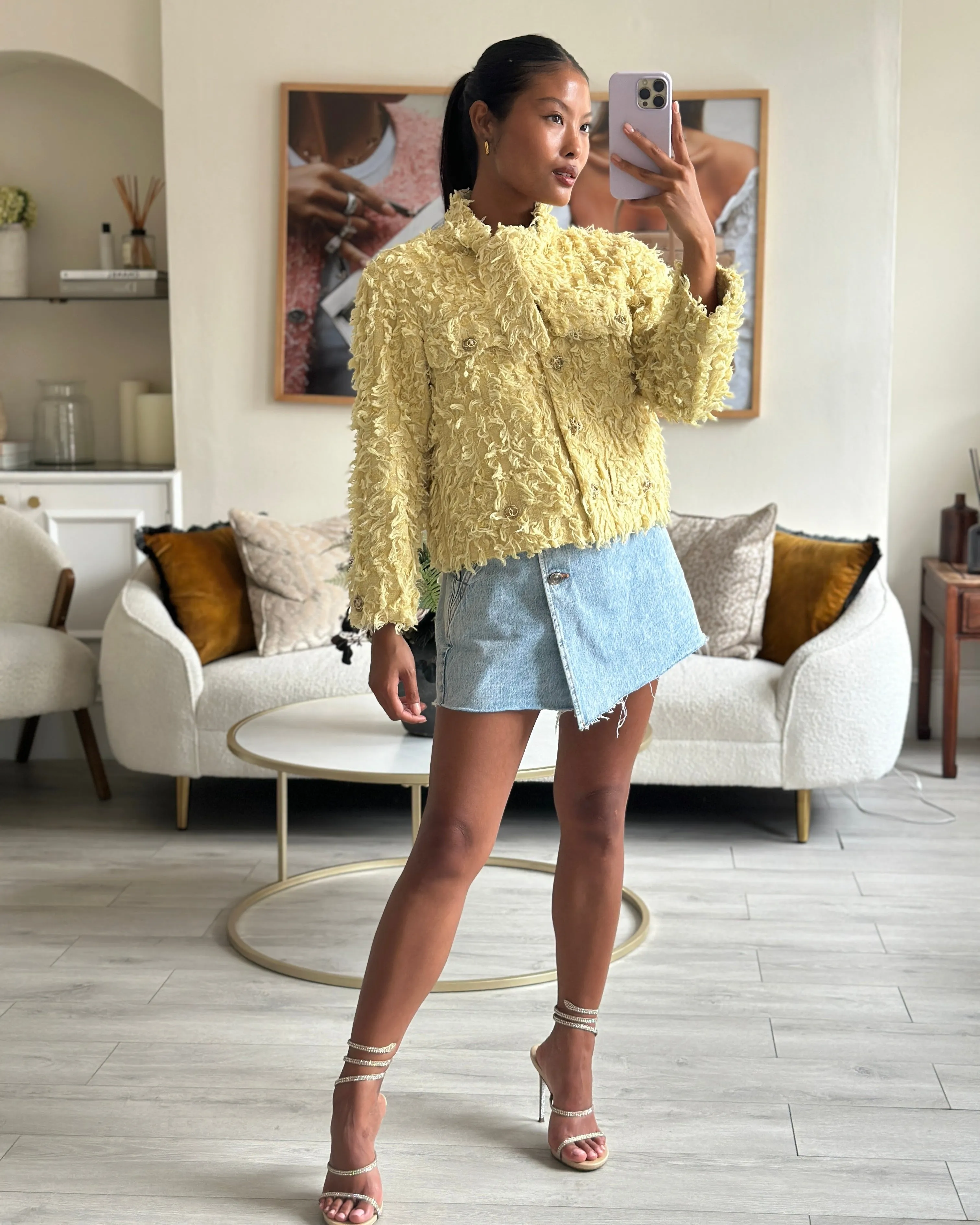 Chanel Cruise 2021 Yellow Textured Jacket With Neck Tie Detail Fr 34 (uk 6)