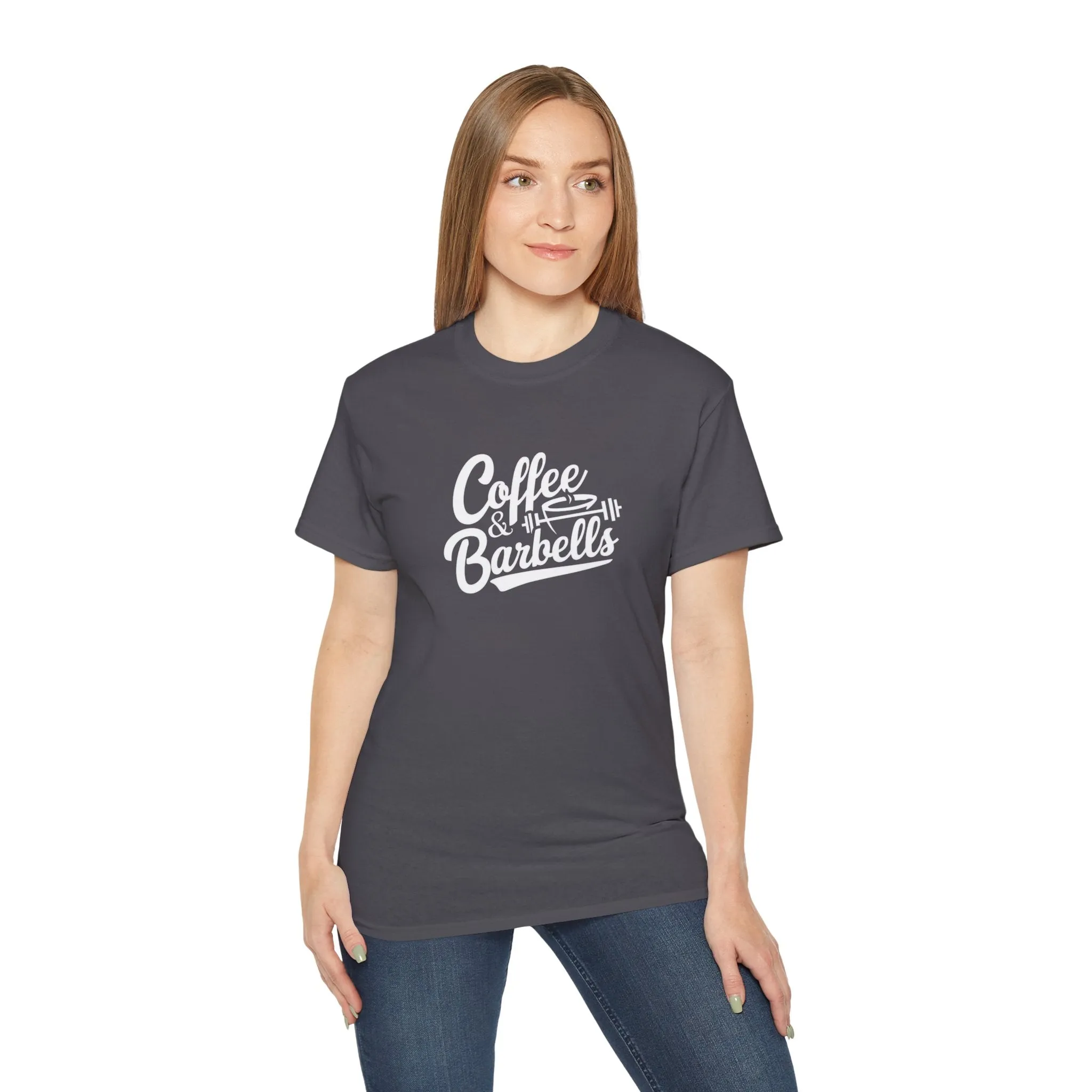 Coffee & Barbells - Unisex Ultra Cotton Tee - Front White Logo - Plain Back