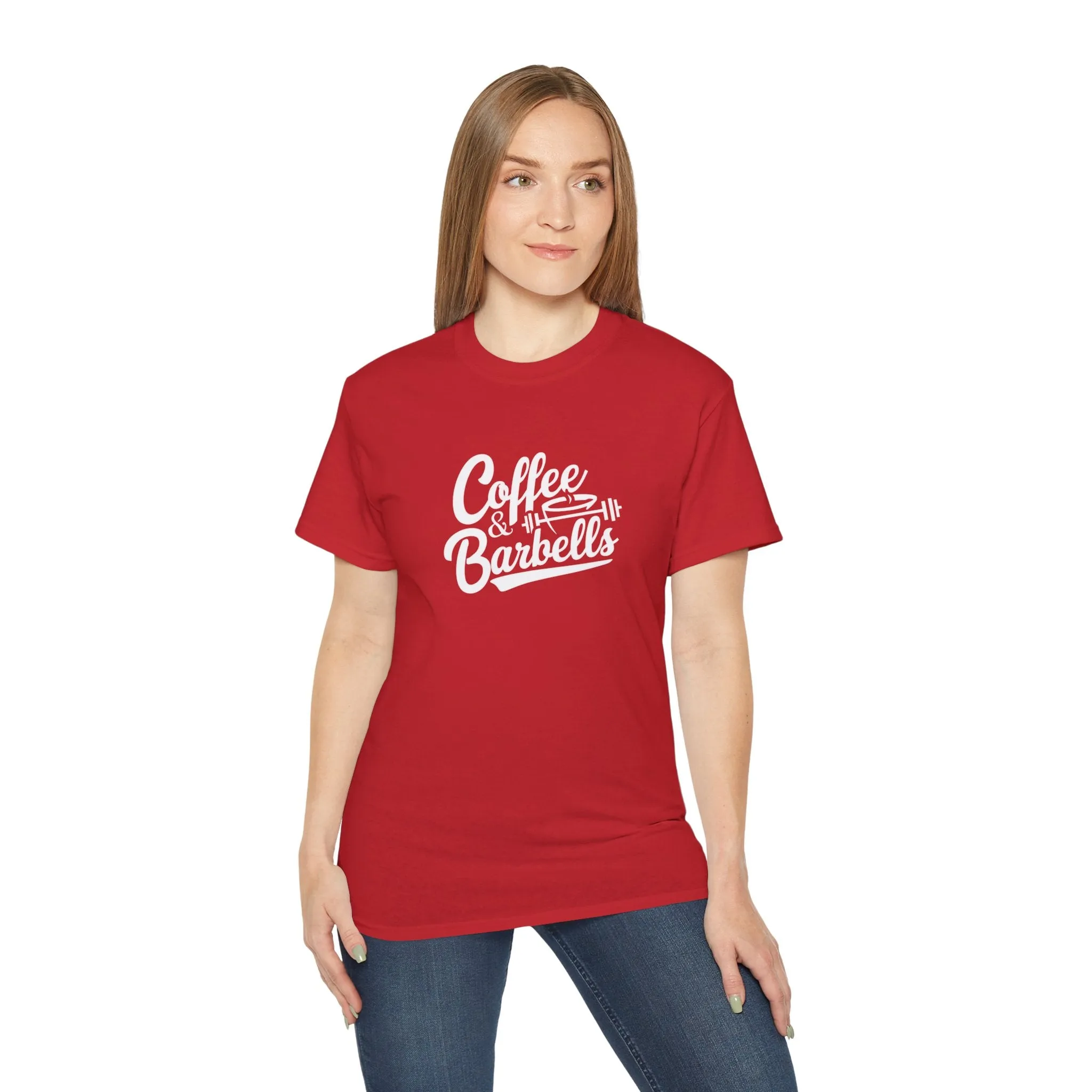 Coffee & Barbells - Unisex Ultra Cotton Tee - Front White Logo - Plain Back