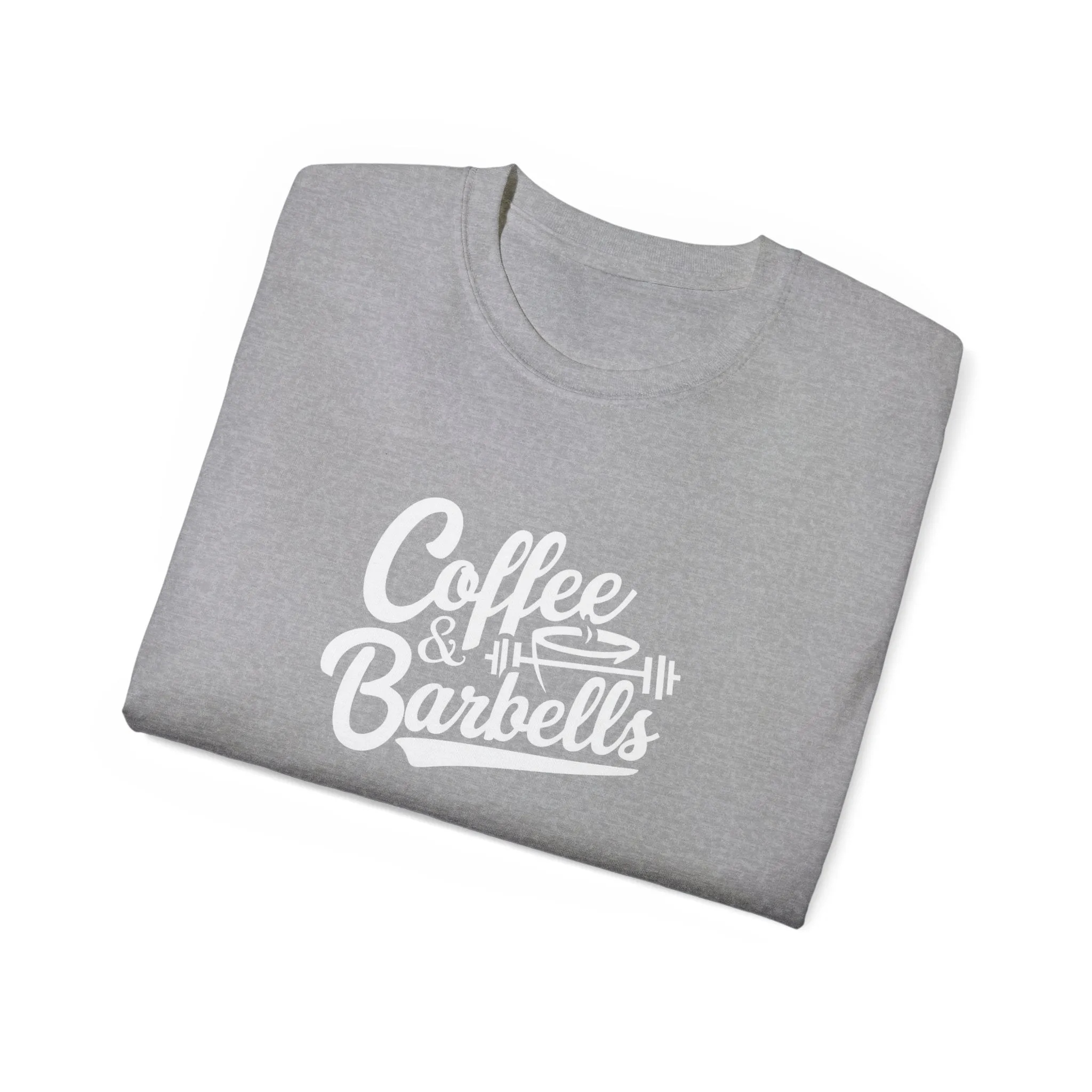 Coffee & Barbells - Unisex Ultra Cotton Tee - Front White Logo - Plain Back