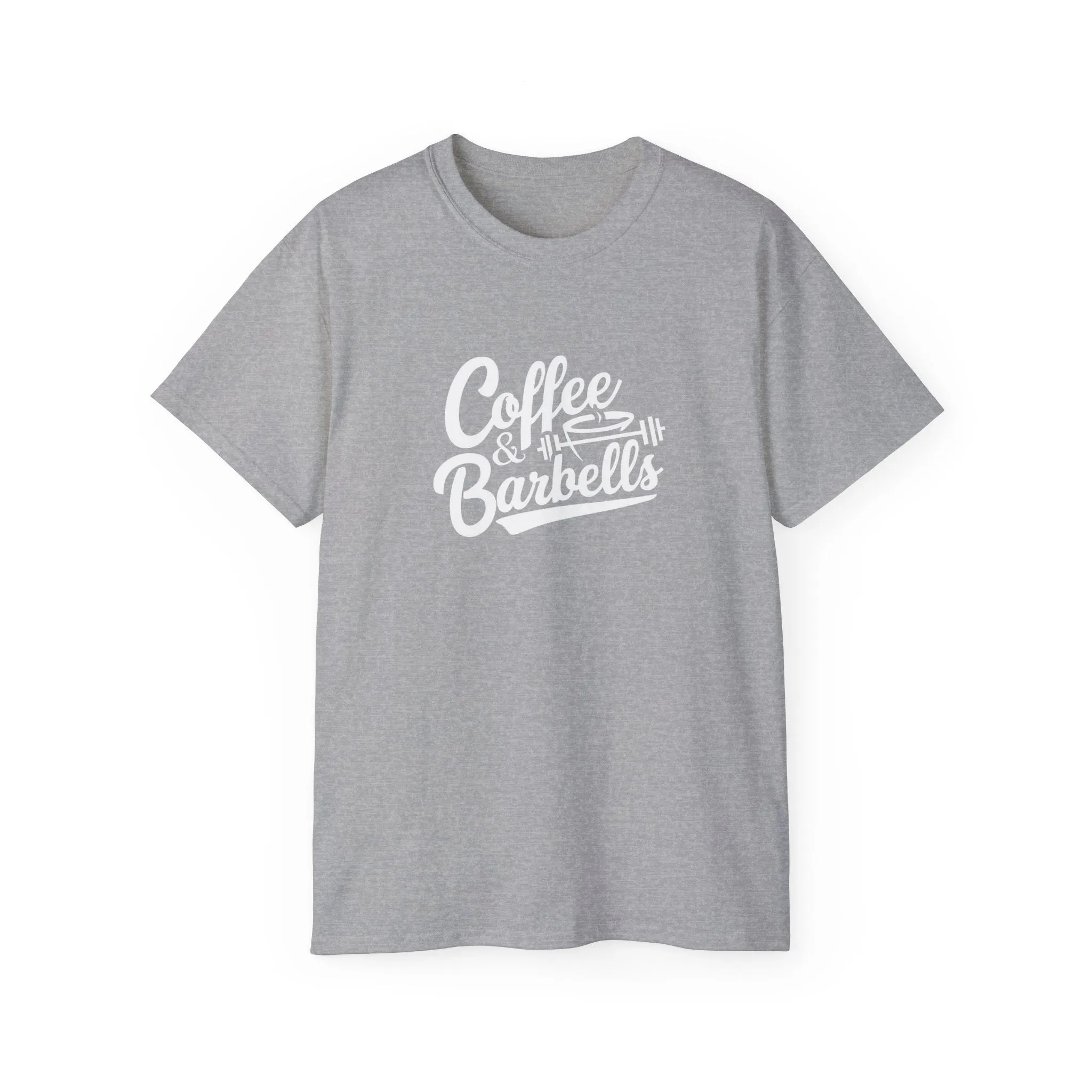 Coffee & Barbells - Unisex Ultra Cotton Tee - Front White Logo - Plain Back