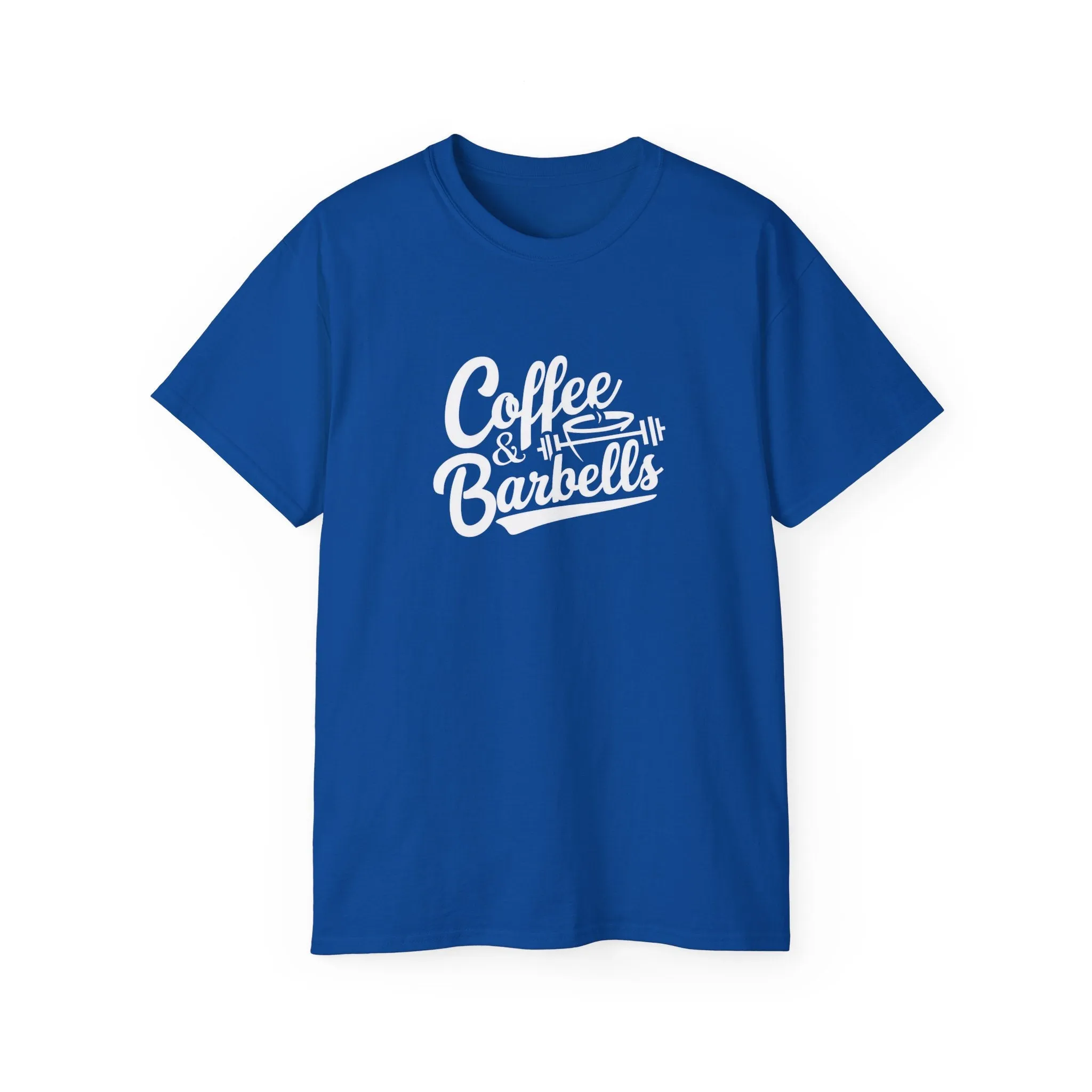 Coffee & Barbells - Unisex Ultra Cotton Tee - Front White Logo - Plain Back