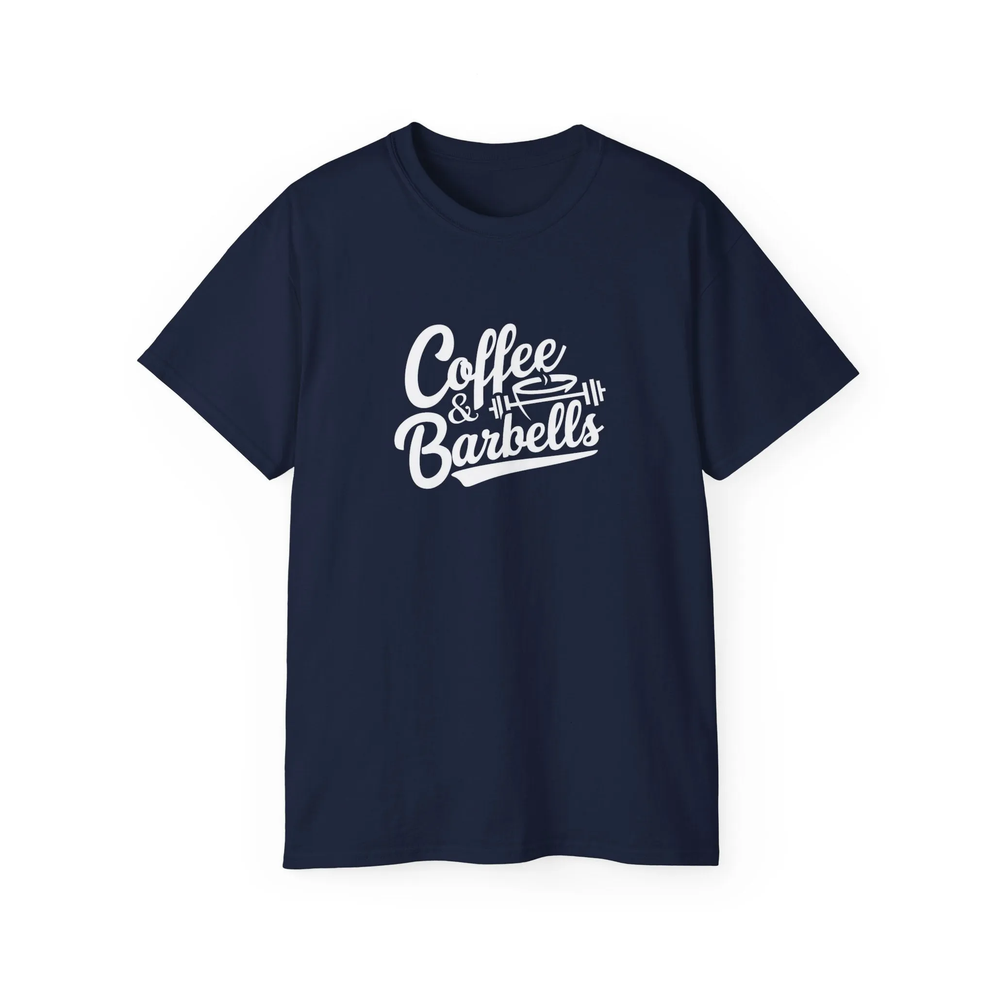 Coffee & Barbells - Unisex Ultra Cotton Tee - Front White Logo - Plain Back