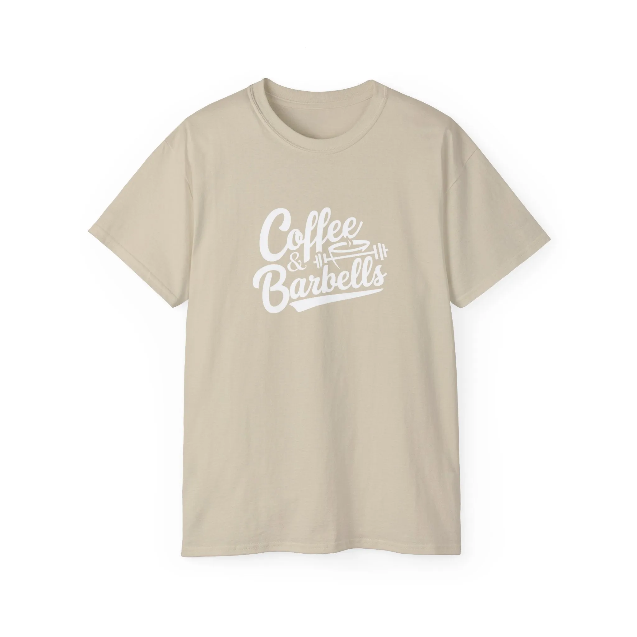 Coffee & Barbells - Unisex Ultra Cotton Tee - Front White Logo - Plain Back