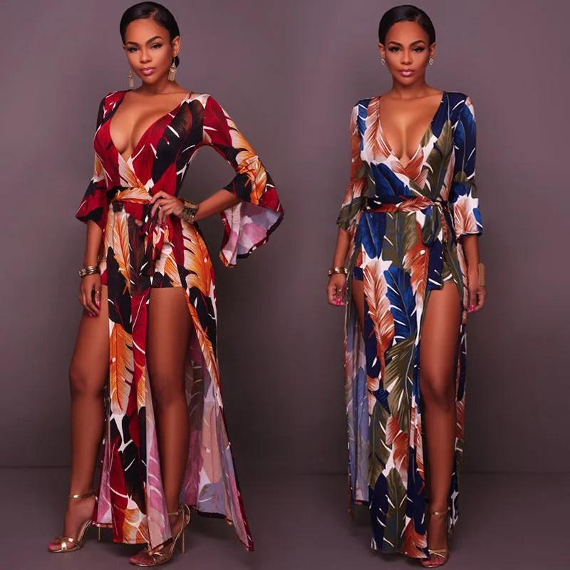 Deep V high slit feather print Long pagoda Sleeves Long Dress