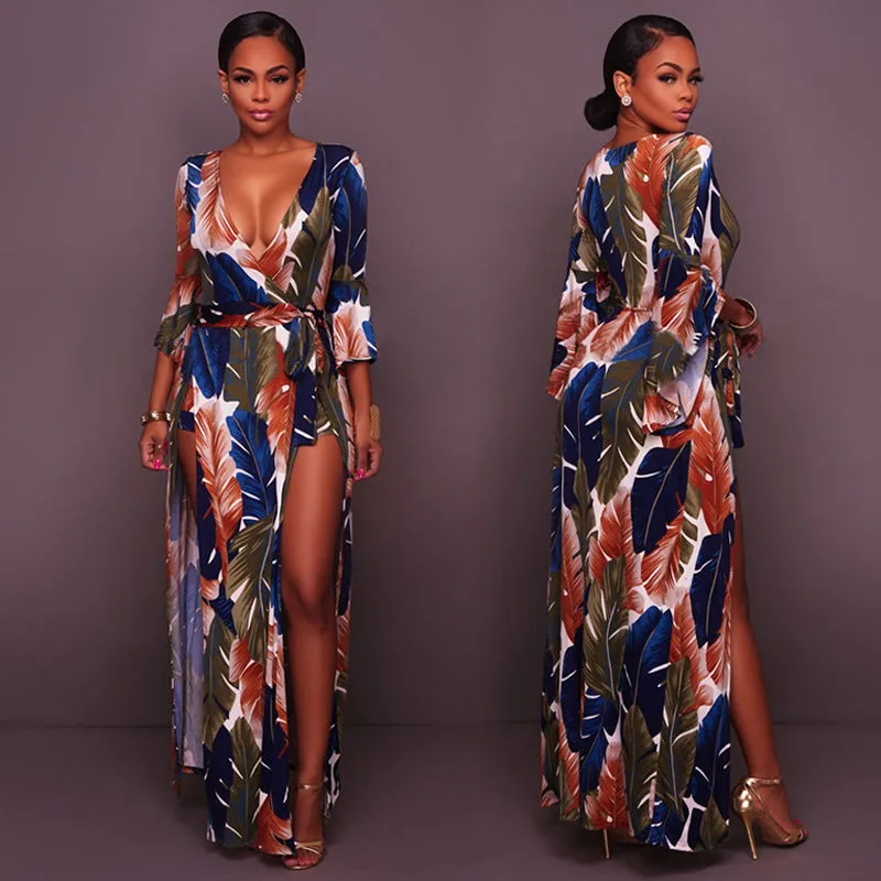 Deep V high slit feather print Long pagoda Sleeves Long Dress