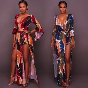 Deep V high slit feather print Long pagoda Sleeves Long Dress