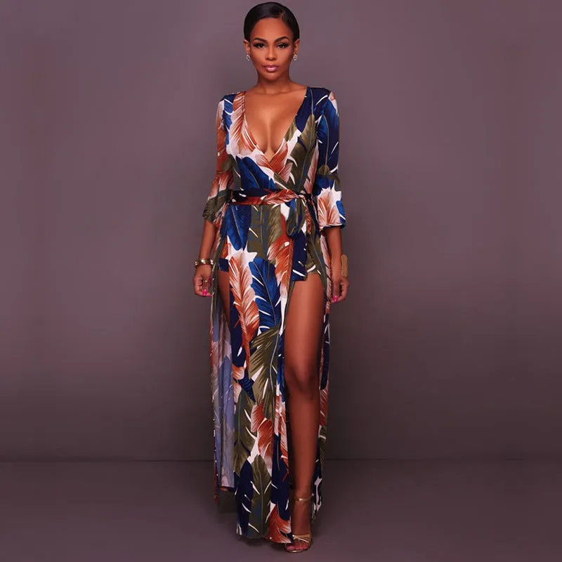 Deep V high slit feather print Long pagoda Sleeves Long Dress