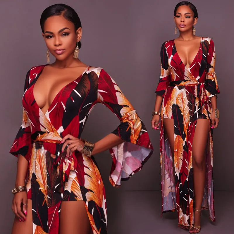 Deep V high slit feather print Long pagoda Sleeves Long Dress