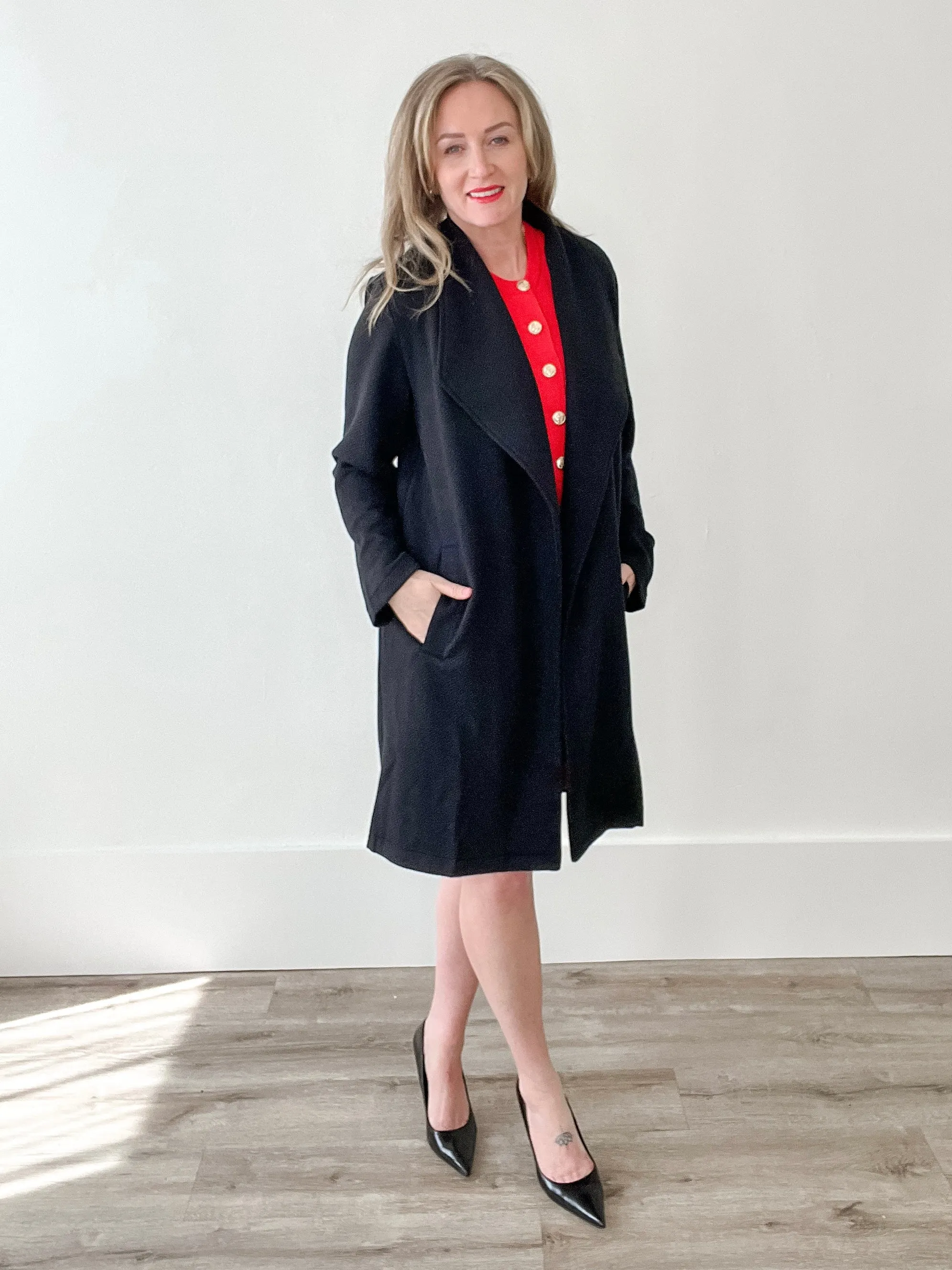 Drape Open Front Coat Jacket - Black