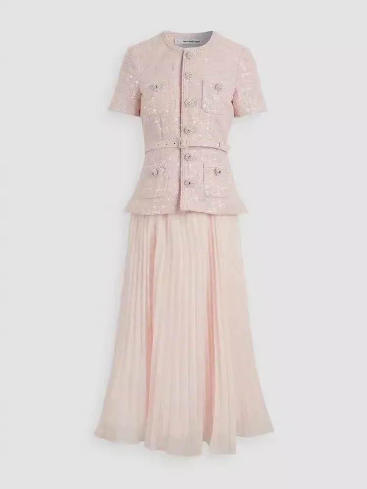 Elegant Sequins Tweed Belt Coat Pleated Skirts Sets