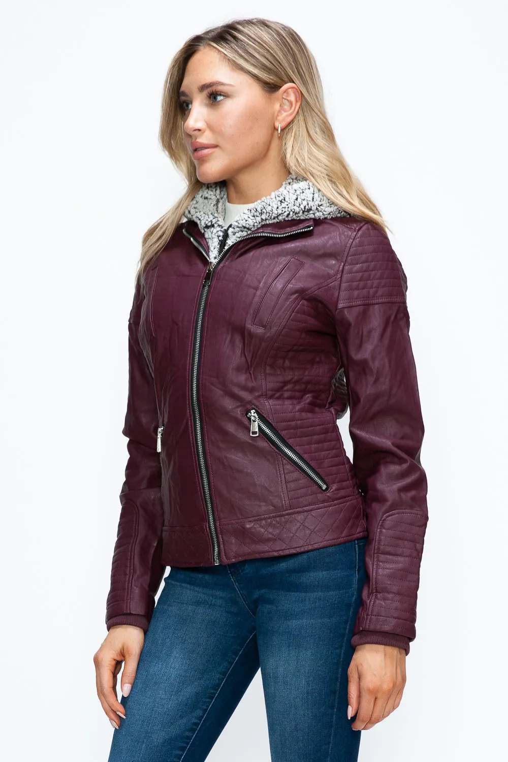 Faux Layered Double-Zipper Jacket with Fuzzy Hood In Wine
