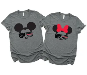 Fire Fighter Minnie and Mickey Adult Shirts - Disney Couples Matching Shirt - Red Line Flag -  Red Stripe - Stars and Stripes Sunglasses