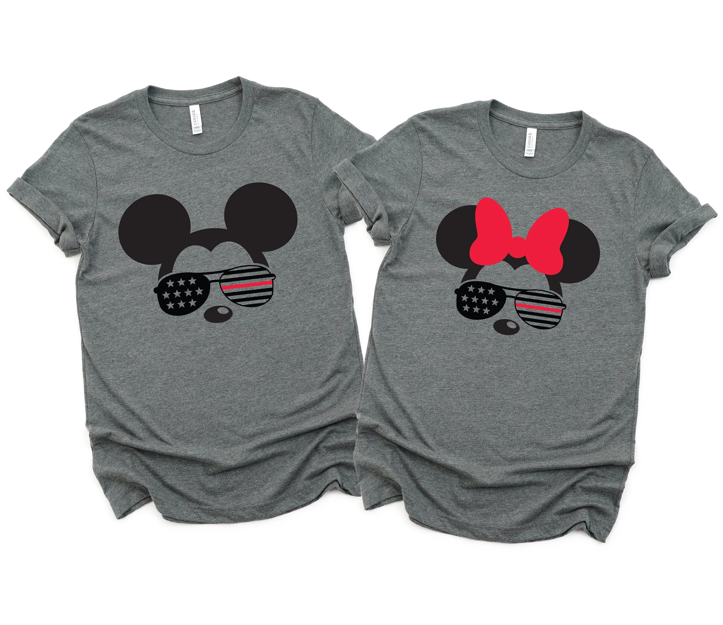 Fire Fighter Minnie and Mickey Adult Shirts - Disney Couples Matching Shirt - Red Line Flag -  Red Stripe - Stars and Stripes Sunglasses