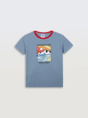 HAWAII ALOHA BLUE RED RIB SHORT SLEEVE BOYS T-SHIRT - BLUE