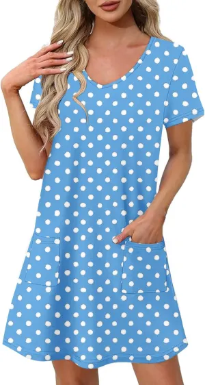 hlysgo Casual Dresses for Women 2025 Summer Polka Dots Tunic Dress Trendy Loose Short Sleeve V Neck Mini Dress with Pockets