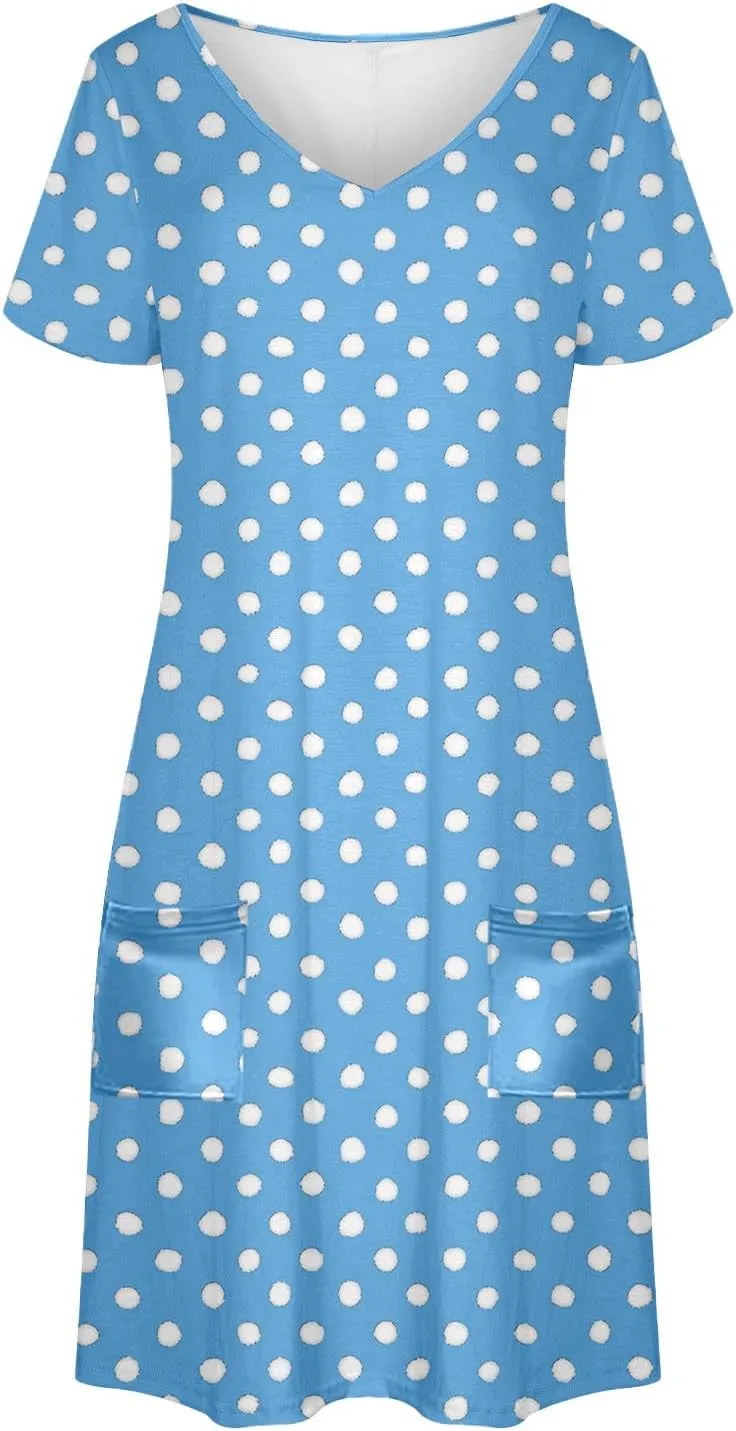 hlysgo Casual Dresses for Women 2025 Summer Polka Dots Tunic Dress Trendy Loose Short Sleeve V Neck Mini Dress with Pockets