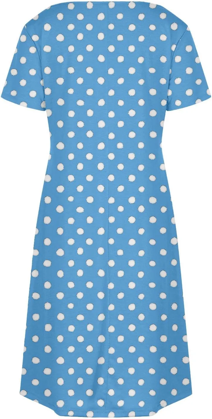 hlysgo Casual Dresses for Women 2025 Summer Polka Dots Tunic Dress Trendy Loose Short Sleeve V Neck Mini Dress with Pockets