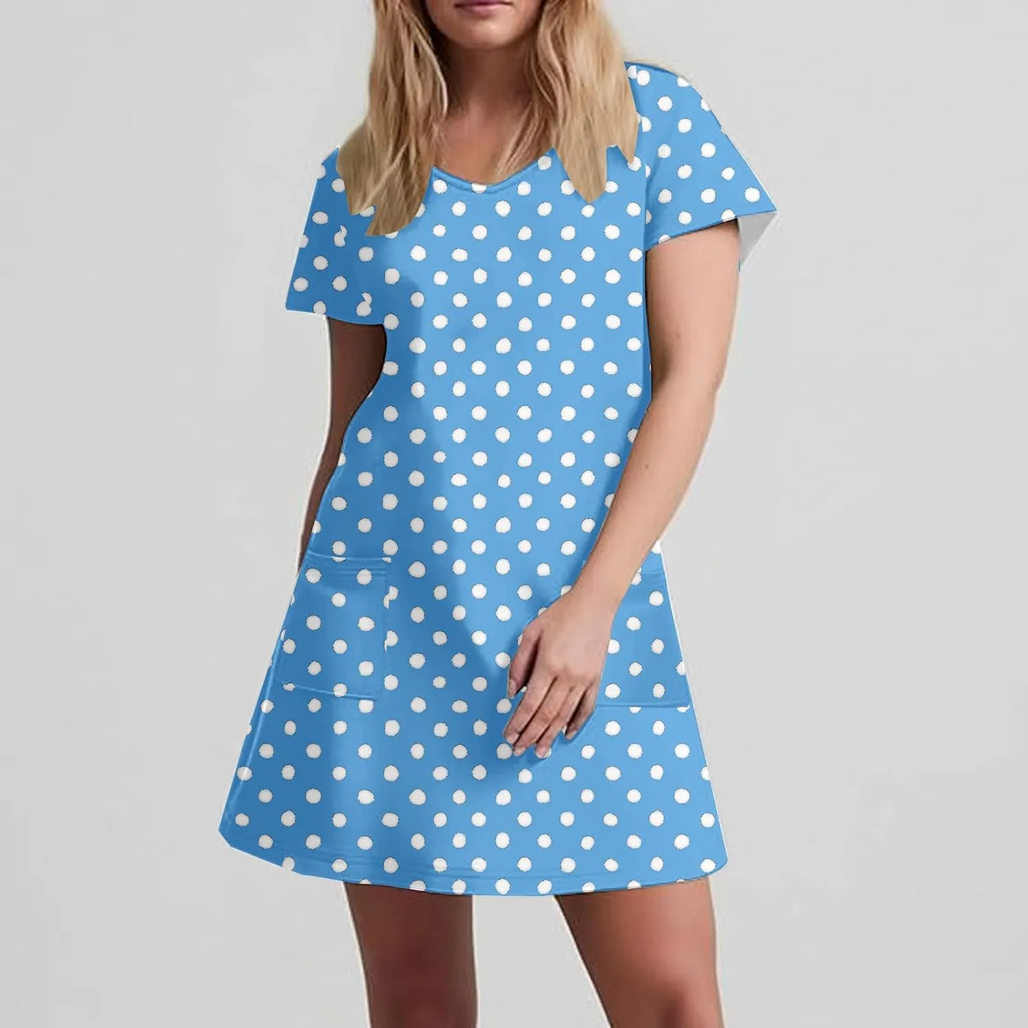 hlysgo Casual Dresses for Women 2025 Summer Polka Dots Tunic Dress Trendy Loose Short Sleeve V Neck Mini Dress with Pockets