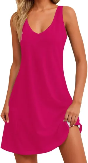hlysgo Modest Dresses for Women 2025 Summer Knee Length Beach Coverup Sundress Casual Loose Fit Sleeveless V Neck Mini Dress