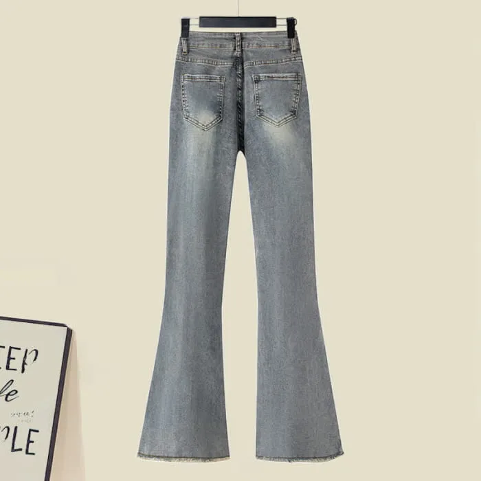 Irregular Oblique Shoulder Top Fringed Flared Denim Pants