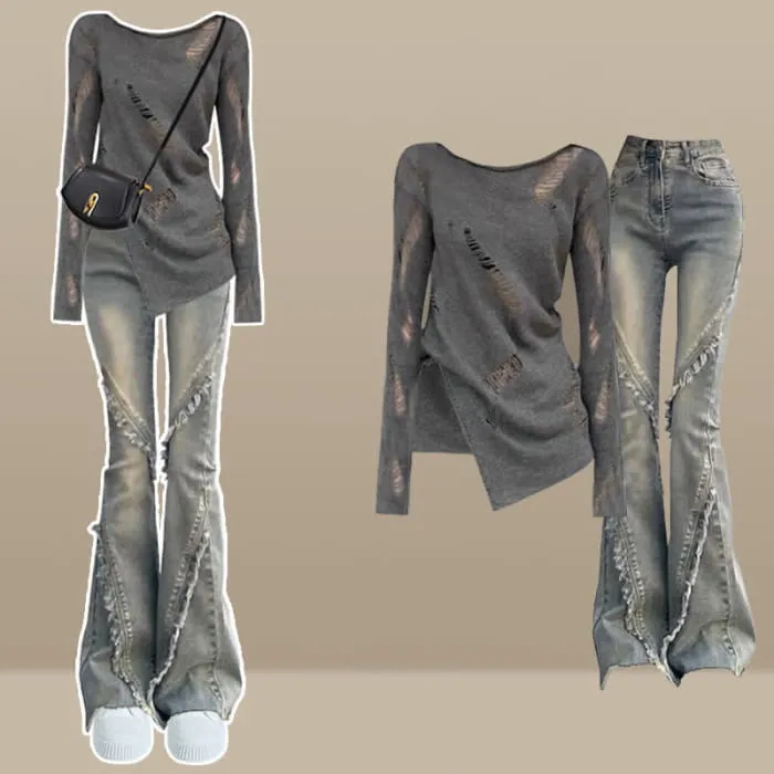 Irregular Oblique Shoulder Top Fringed Flared Denim Pants