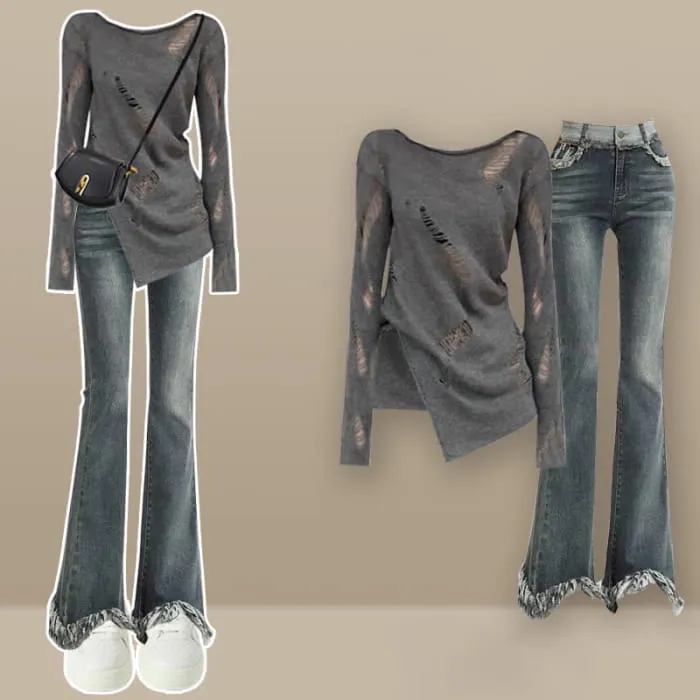 Irregular Oblique Shoulder Top Fringed Flared Denim Pants
