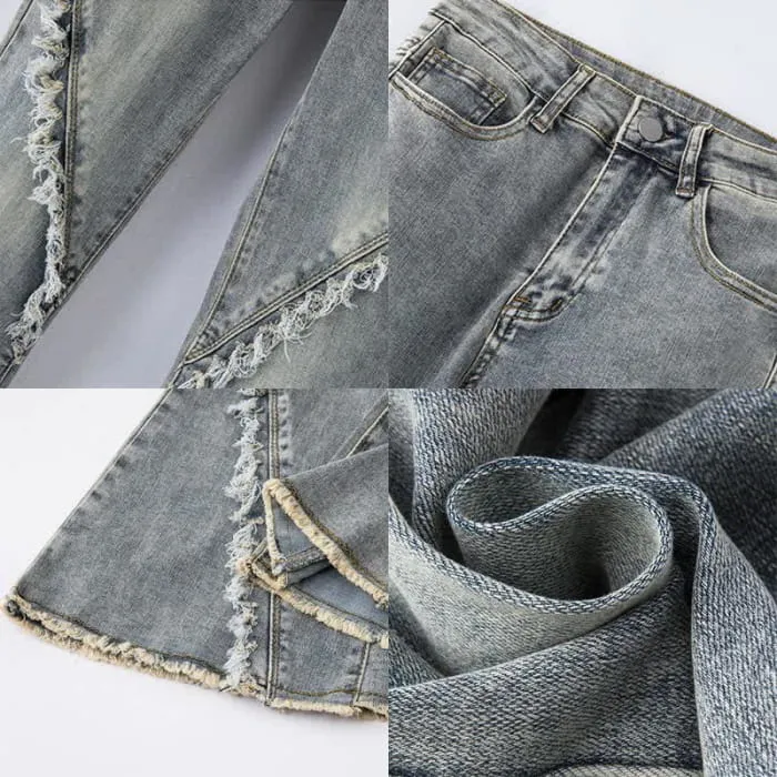 Irregular Oblique Shoulder Top Fringed Flared Denim Pants