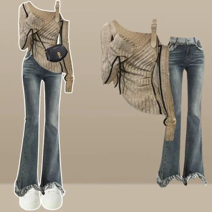 Irregular Oblique Shoulder Top Fringed Flared Denim Pants