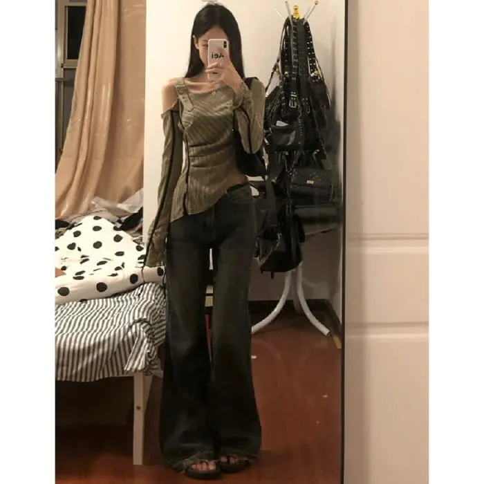 Irregular Oblique Shoulder Top Fringed Flared Denim Pants
