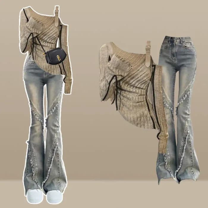 Irregular Oblique Shoulder Top Fringed Flared Denim Pants