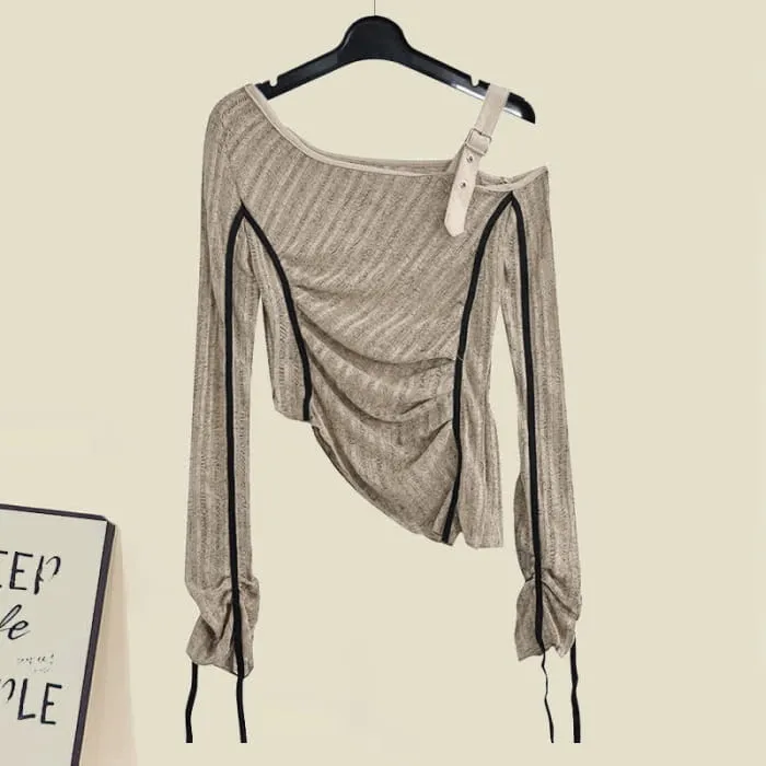 Irregular Oblique Shoulder Top Fringed Flared Denim Pants