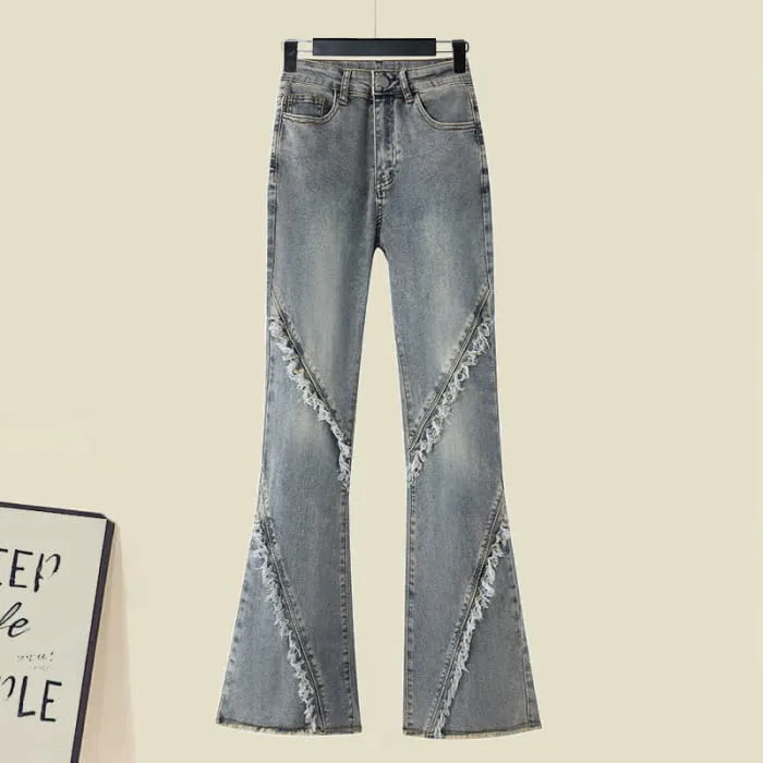 Irregular Oblique Shoulder Top Fringed Flared Denim Pants