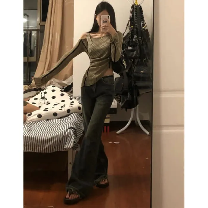 Irregular Oblique Shoulder Top Fringed Flared Denim Pants